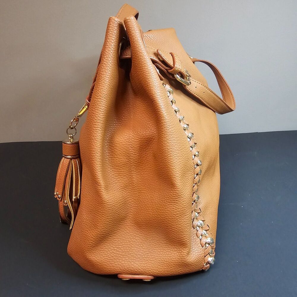 Anthropologie Melie Bianco Vegan Leather Camel Hobo Purse Handles Gold 11 x 16" - Picture 3 of 13